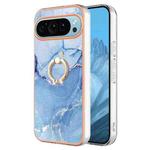 For Google Pixel 9 Electroplating Marble Dual-side IMD Phone Case with Ring(Blue 018)