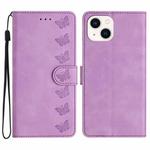 For iPhone 14 Seven Butterflies Embossed Leather Phone Case(Purple)