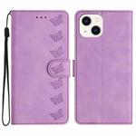 For iPhone 14 Plus Seven Butterflies Embossed Leather Phone Case(Purple)