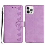 For iPhone 14 Pro Seven Butterflies Embossed Leather Phone Case(Purple)