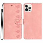 For iPhone 15 Pro Max Seven Butterflies Embossed Leather Phone Case(Pink)