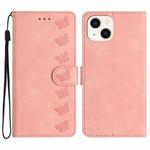 For iPhone 15 Plus Seven Butterflies Embossed Leather Phone Case(Pink)
