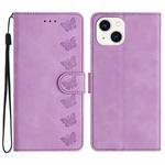For iPhone 15 Seven Butterflies Embossed Leather Phone Case(Purple)