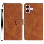 For iPhone 16 Seven Butterflies Embossed Leather Phone Case(Brown)