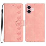 For iPhone 16 Seven Butterflies Embossed Leather Phone Case(Pink)