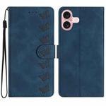 For iPhone 16 Seven Butterflies Embossed Leather Phone Case(Blue)