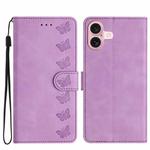 For iPhone 16 Plus Seven Butterflies Embossed Leather Phone Case(Purple)