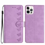 For iPhone 16 Pro Seven Butterflies Embossed Leather Phone Case(Purple)