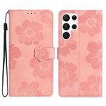 For Samsung Galaxy S23 Ultra 5G Flower Embossing Pattern Leather Phone Case(Pink)