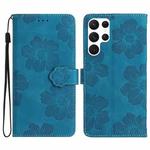 For Samsung Galaxy S22 Ultra 5G Flower Embossing Pattern Leather Phone Case(Blue)