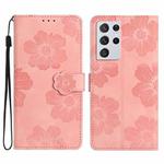 For Samsung Galaxy S21 Ultra 5G Flower Embossing Pattern Leather Phone Case(Pink)