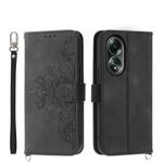 For OPPO A58 4G Skin Feel Flowers Embossed Wallet Leather Phone Case(Black)