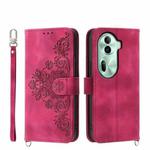 For OPPO Reno11 Skin-feel Flowers Embossed Wallet Leather Phone Case(Wine Red)