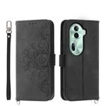 For OPPO Reno11 Skin-feel Flowers Embossed Wallet Leather Phone Case(Black)