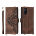 For OPPO A52 Skin-feel Flowers Embossed Wallet Leather Phone Case(Brown)