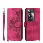 For OPPO A2 Skin-feel Flowers Embossed Wallet Leather Phone Case(Wine Red)