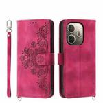 For OPPO A5 PRO 5G Global Skin Feel Flowers Embossed Wallet Leather Phone Case(Wine Red)