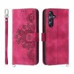 For Samsung Galaxy M54 5G Skin-feel Flowers Embossed Wallet Leather Phone Case(Wine Red)