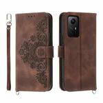 For Xiaomi Redmi Note 12S 4G Global Skin-feel Flowers Embossed Wallet Leather Phone Case(Brown)