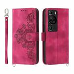 For Huawei P60 / P60 Pro Skin-feel Flowers Embossed Wallet Leather Phone Case(Wine Red)