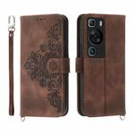 For Huawei P60 / P60 Pro Skin-feel Flowers Embossed Wallet Leather Phone Case(Brown)