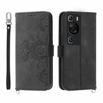 For Huawei P60 / P60 Pro Skin-feel Flowers Embossed Wallet Leather Phone Case(Black)