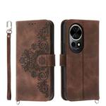 For Huawei nova 12 Pro Skin-feel Flowers Embossed Wallet Leather Phone Case(Brown)