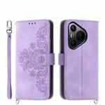 For Huawei Pura 70 Skin-feel Flowers Embossed Wallet Leather Phone Case(Purple)