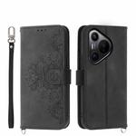 For Huawei Pura 70 Skin-feel Flowers Embossed Wallet Leather Phone Case(Black)