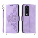 For Honor 90 Pro 5G Skin-feel Flowers Embossed Wallet Leather Phone Case(Purple)