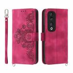 For Honor 90 Pro 5G Skin-feel Flowers Embossed Wallet Leather Phone Case(Wine Red)