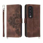 For Honor 90 Pro 5G Skin-feel Flowers Embossed Wallet Leather Phone Case(Brown)