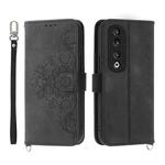 For Honor 90 Pro 5G Skin-feel Flowers Embossed Wallet Leather Phone Case(Black)