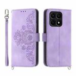 For Honor X8a 4G Skin-feel Flowers Embossed Wallet Leather Phone Case(Purple)