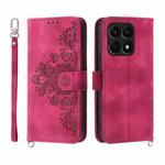 For Honor X8a 4G Skin-feel Flowers Embossed Wallet Leather Phone Case(Wine Red)