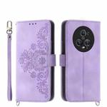 For Honor Magic5 Pro Skin-feel Flowers Embossed Wallet Leather Phone Case(Purple)