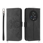 For Honor Magic5 Pro Skin-feel Flowers Embossed Wallet Leather Phone Case(Black)