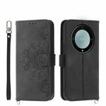 For Honor X9a Skin-feel Flowers Embossed Wallet Leather Phone Case(Black)