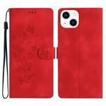 For iPhone 14 Flower Butterfly Embossing Pattern Leather Phone Case(Red)