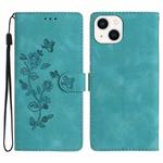 For iPhone 14 Plus Flower Butterfly Embossing Pattern Leather Phone Case(Sky Blue)
