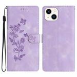 For iPhone 14 Plus Flower Butterfly Embossing Pattern Leather Phone Case(Purple)