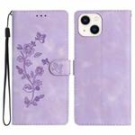For iPhone 13 Flower Embossing Pattern Leather Phone Case(Purple)