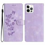 For iPhone 12 Pro Max Flower Butterfly Embossing Pattern Leather Phone Case(Purple)