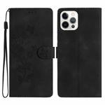 For iPhone 15 Pro Max Flower Butterfly Embossing Pattern Leather Phone Case(Black)