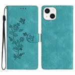 For iPhone 15 Plus Flower Butterfly Embossing Pattern Leather Phone Case(Sky Blue)