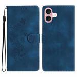 For iPhone 16 Flower Butterfly Embossing Pattern Leather Phone Case(Blue)
