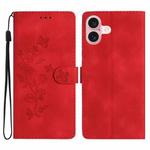 For iPhone 16 Flower Butterfly Embossing Pattern Leather Phone Case(Red)