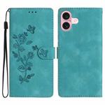 For iPhone 16 Flower Butterfly Embossing Pattern Leather Phone Case(Sky Blue)