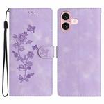For iPhone 16 Flower Butterfly Embossing Pattern Leather Phone Case(Purple)