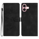 For iPhone 16 Flower Butterfly Embossing Pattern Leather Phone Case(Black)
